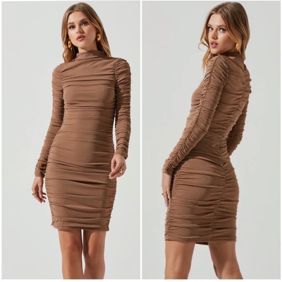 ASTR the Label LS RUCHED DRESS AVAIL IN TAN - Picture 1 of 2